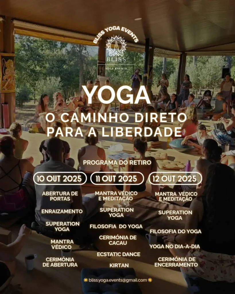 A group of people sits in a yoga studio with an open view of nature, participating in a yoga retreat titled "Yoga: O Caminho Direto Para a Liberdade." The retreat schedule is displayed.